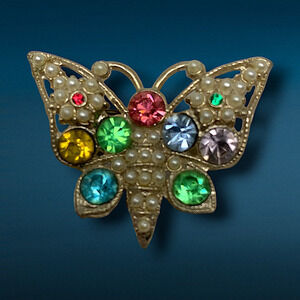 Vintage 1960s Multicolor Crystal Butterfly Brooch Pin Mid Century Modern MCM